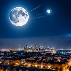 Picture, two moons, big and small above the city