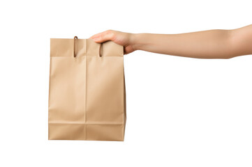 main qui tient un sac en papier comme pour une livraison de repas à domicile - fond transparent - obrazy, fototapety, plakaty