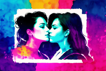 Pride Month.An illustration of two women kissing.lesbian couple spending time together. Lgbtq. Generative AI