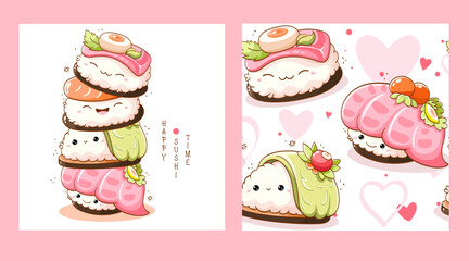 Set of seamless pattern and one print with cute sushi and roll in kawaii style. Endless texture can be used for textile pattern fills, t-shirt design, web page background. Vector illustration EPS8