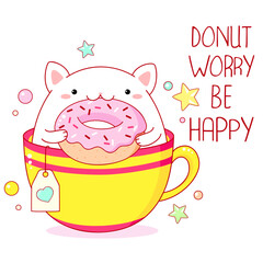 Donut worry be happy t shirt design with cute cat with donut in kawaii style. Funny quote print with kitten in cup. Can be used for t-shirt, sticker, mug, greeting card. Vector illustration EPS8