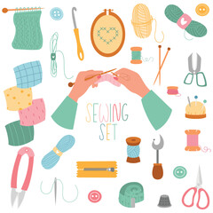 Sewing set. Needlework tools concept.  Hand drawn isolated drawings - obrazy, fototapety, plakaty