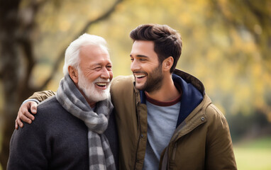 Fototapeta premium Senior father spending time with his adult son walking in the park. A man hugs his elderly father, relaxation and lifestyle after retirement concept