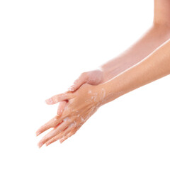 Skincare, cleaning and washing hands with foam closeup in studio isolated on a white background mockup space. Fingers, nails and woman with soap, dermatology or bacteria prevention, hygiene or health