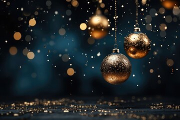 Golden Christmas tree toy balls hanging on festive bokeh background.