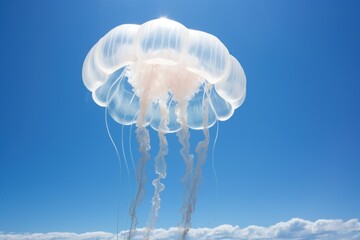  a large jellyfish floating in the air with a blue sky in the back ground and clouds in the background.