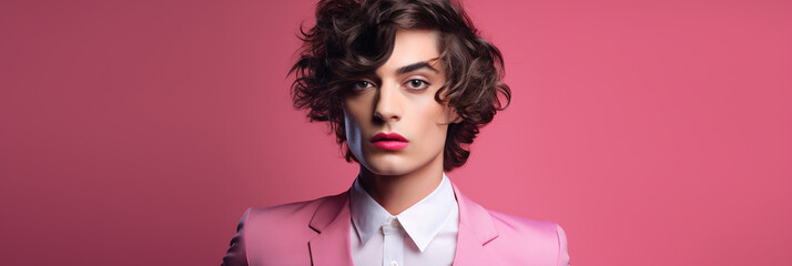 Studio portrait of young transgender or transvestite man in 20s isolated on pink background, lipstick, fashionable, ideal as web banner or in social media, copy space for text - obrazy, fototapety, plakaty