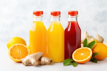  three bottles of orange juice, one with ginger, one with ginger, one with ginger, and one with ginger.