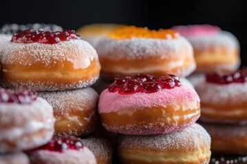  a close up of a pile of doughnuts covered in powdered sugar and cranberry toppings.