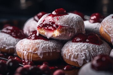  a pile of doughnuts covered in powdered sugar and covered with cherries with a bite taken out of...