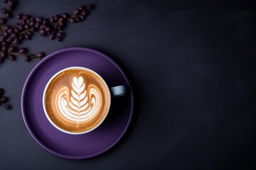  a cup of coffee sitting on top of a purple saucer next to a bunch of purple flowers on a black surface. - obrazy, fototapety, plakaty