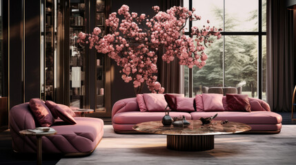 Pink velvet sofa in a luxurious living room interior with molding on pink walls and retro design.