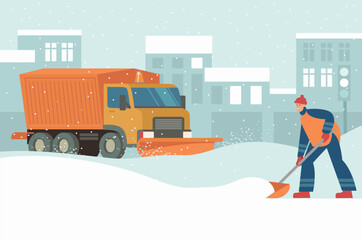 Snow plow truck cleaning urban snowy road in winter. Man cleaning city street with shovel.  Snow removal concept. - obrazy, fototapety, plakaty