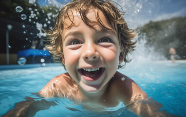 Happy little boy swimming and smiling in aqua park pool during spending leisure time on summer holiday