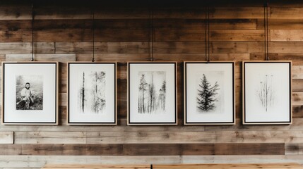 A rustic wooden wall with a row of framed black and white photographs