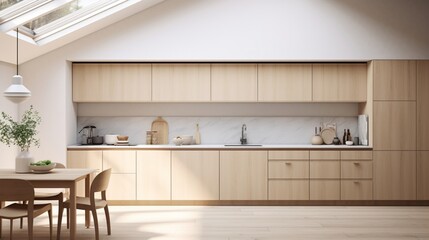 A Scandinavian kitchen with clean lines, light wood cabinets, and minimalist decor