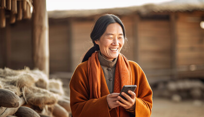 Traditional Chinese woman in village,farm landscape watching on her mobile phone and laughing. Asian elderly woman using smartphone,social media or texting in China - obrazy, fototapety, plakaty