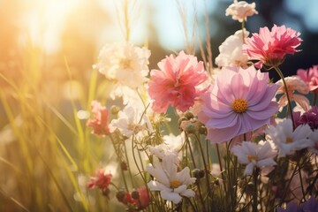  a close up of a bunch of flowers with the sun shining through the trees in the background and the grass in the foreground.