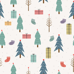 Hand Drawn Christmas Trees,Gift boxes and Socks Pattern