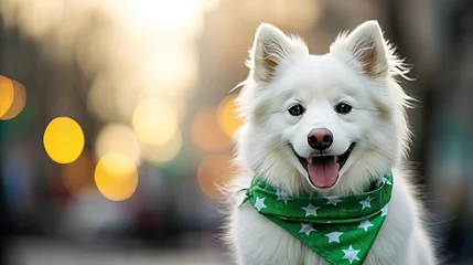 Deurstickers Image of a festive dog in a Saint Patrick's Day bandana, with a defocused background of a bustling outdoor celebration  © mariyana_117