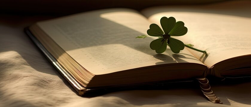 Image of a delicate clover shadow over a vintage diary, adding a touch of nature to a personal moment 