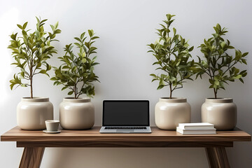 Plants placed next to the laptop on a table in a modern office room 