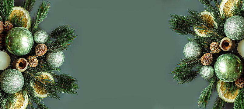 Christmas border xmas tree green baubles