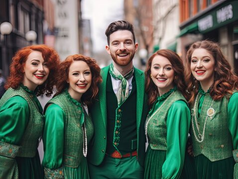 Image of a group of friends in green Saint Patrick's Day outfits, with a defocused background of a lively street parade 