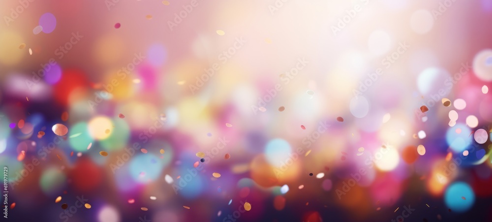 Aufkleber Happy carnival party celebration template texture greeting card - Abstract closeup of colorful falling confetti and glitter particles, defocused bokeh lights in the background
