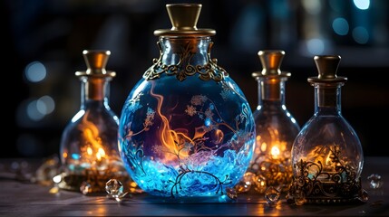 Obraz na płótnie Canvas Magic bottle with the magic neon light, concept of magic, and fairy tale