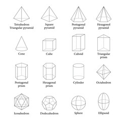 3D geometric shapes seamless pattern. Triangular, pentagonal and hexagonal prism and pyramid. Cone, cube, cuboid, cylinder, octahedron, icosahedron, dodecahedron, sphere and ellipsoid. Vector. - obrazy, fototapety, plakaty