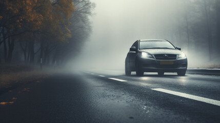 Fototapeta na wymiar Car on the highway autumn wet road danger