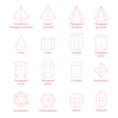 3D geometric shapes seamless pattern. Triangular, pentagonal and hexagonal prism and pyramid. Cone, cube, cuboid, cylinder, octahedron, icosahedron, dodecahedron, sphere and ellipsoid. Vector.