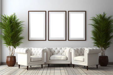 Interior of a house with three luxurious white sitting chairs and blank photo frames