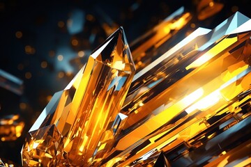  a close up of a very bright yellow diamond on a black background with some blurry lights in the background.