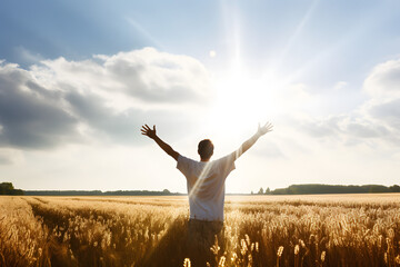 Joyful Person Raising Arms morning in Rural Field Under Summer Sunlight isolated on the white background. Generative AI.