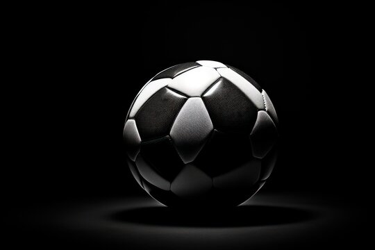  a black and white photo of a soccer ball on a black background with the shadow of the ball on the ground.
