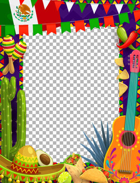 Mexican holiday frame with sombrero, guitar, maracas and Mexico flag, vector background. Mexican holiday fiesta border frame with cactus, burrito and taco, avocado, lime and blue agave with flags