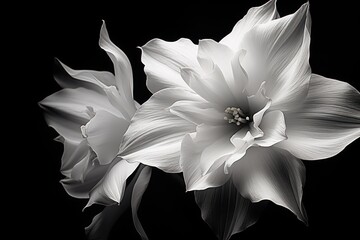 a black and white photo of two flowers on a black background, one of the flowers is large and the other is small.