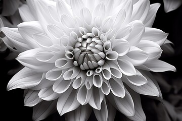  a black and white photo of a large white flower with leaves around it's center and petals in the middle of the petals.