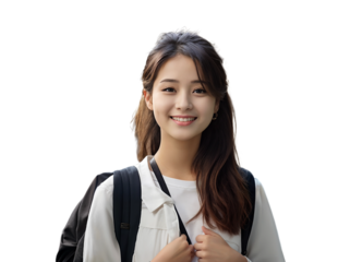 cheerful asian female student with backpack and workbooks standing near college building, looking at camera and smiling	