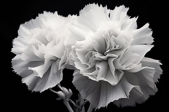  a black and white photo of two white carnations on a black background with water droplets on the petals.
