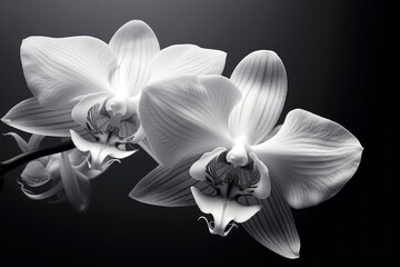  a black and white photo of two white orchids on a black and white background with a black back ground.