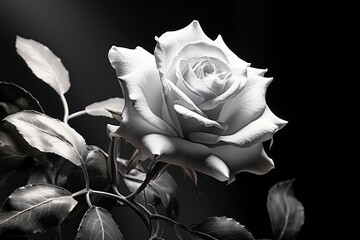  a black and white photo of a white rose on a branch with leaves on the stem and a dark background.