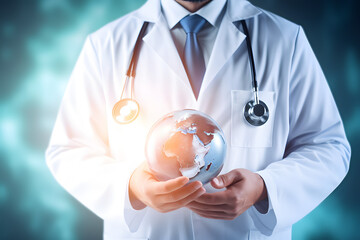 Medical technology, online health, global health network and tourism concept. Doctor using digital tablet and laptop computer with medical technology internet network connection, digit. Generative AI.