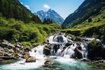  a river running through a lush green forest filled with lots of rocks and a waterfall next to a lush green forest covered mountain.