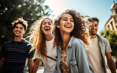 Cheerful group of young friends walking outdoors together. Happy lifestyle, youth and young females concept