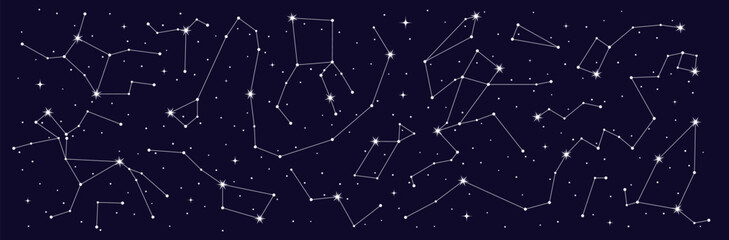 Mystic astrology, stars constellation border of night sky map, vector starry background. Star zodiac signs in space galaxy for astrological horoscope, esoteric astrology and planetary astronomy - obrazy, fototapety, plakaty