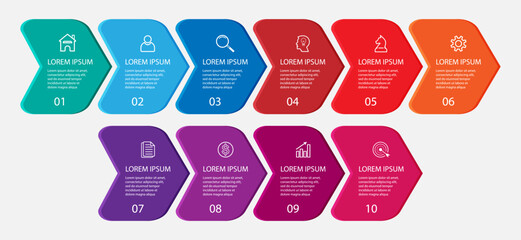 Simple infographic 10 parts or options, simple design  with colorful colors, 
icons, text and numbers, for presentations, flow diagrams and your business