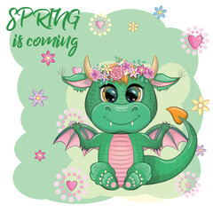 Cute cartoon green baby dragon with horns and wings. Symbol of 2024 according to the Chinese calendar. Funny mythical monster reptile.